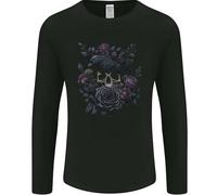Crow & Skull with Flowers Gothic Goth Raven Mens Long Sleeve T-Shirt Black L
