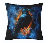 Crow Throw Pillow Cover 16x16 Inch, Halloween Birds Animals Pillow Cover For Sofa, Gothic Smoky Fire Printed Reversible Kids Boys Cushion Cover, Blue Orange Horror Decorative Pillow Cover