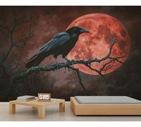 Crow Wall Murals, Blood Moon Mural, Gothic Theme Wallpaper for Living Room Bedroom TV Background Office Decor - 150x100cm