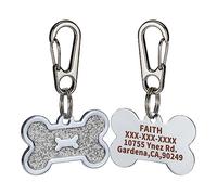 CROWATTS Stainless Steel Personalized Pet ID Tags - Custom Engraved Dog & Cat Collar Tags, 4 Lines Text, Shiny Bone-Shaped Design (Silver)