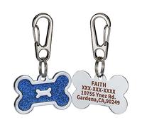 CROWATTS Stainless Steel Personalized Pet ID Tags - Custom Engraved Dog & Cat Collar Tags, 4 Lines Text, Shiny Bone-Shaped Design (Blue)