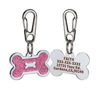 CROWATTS Stainless Steel Personalized Pet ID Tags - Custom Engraved Dog & Cat Collar Tags, 4 Lines Text, Shiny Bone-Shaped Design (Pink)