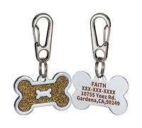 CROWATTS Stainless Steel Personalized Pet ID Tags - Custom Engraved Dog & Cat Collar Tags, 4 Lines Text, Shiny Bone-Shaped Design (Gold)