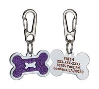 CROWATTS Stainless Steel Personalized Pet ID Tags - Custom Engraved Dog & Cat Collar Tags, 4 Lines Text, Shiny Bone-Shaped Design (Purple)