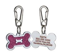CROWATTS Stainless Steel Personalized Pet ID Tags - Custom Engraved Dog & Cat Collar Tags, 4 Lines Text, Shiny Bone-Shaped Design (Rosy)