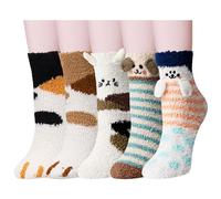 CROWDJOLLY 3-6 Pairs Womens Fuzzy Socks Cozy Fluffy Slipper Socks Cute Soft Cat Animal Winter Warm Sleep Socks Gifts, B-animals-5 Pairs, M