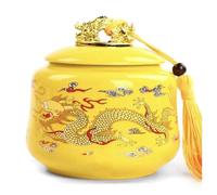 CROWEL Chinese Style Tea Caddy，Tea Caddy For Tea Bags，Design Of A Golden Dragon Sculpture With Tassel Rope,Yellow Twin Dragons Sealed Jar,Ceramic