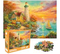 crowm 500 Piece Jigsaw Pieces Puzzle for Adults, Seaside Cottage Puzzles Family Challenging Game Lighthouse Sunset Jigsaw Puzzle Sea Nature Landscape Home Wall Decor Ideal Gift
