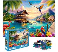 crowm 500 Piece Puzzles for Adults Beach Cabin Scenic Jigsaw Puzzle Challenging Seaside Landscape Puzzle Perfect for Game Nights Flamingos Birds Dolphins for Animal Lover