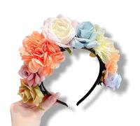 Crown, artificial rose and hydrangea, pink blue and cream colors, flower clip, hair flower, headband, wedding party hair accessories (Green Pink Rose, 4.5)