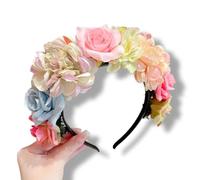 Crown, artificial rose and hydrangea, pink blue and cream colors, flower clip, hair flower, headband, wedding party hair accessories (Pink Rose, 4.5)