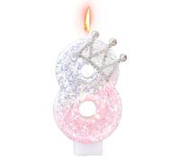 Crown Birthday Number Candles, Glitter Pink & Silver Number Cake Topper Birthday Cake Decoration for Anniversaries Wedding Baby Shower Party Supplies (Number 8)