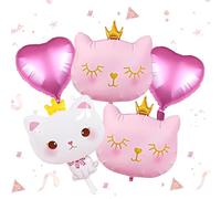 Crown Cat Balloon, 5 Piece Cat Foil Balloons Set With Crowns & Heart, Helium Balloons forCat Birthday Decorations, Cat Gifts, Birthday Parties for Cats
