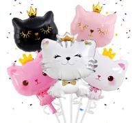 Crown Cat Balloon Set,5 PCS Cat Birthday Party Supplies,Cute Crown Cat Foil Balloons, Pet Cat-Themed Birthday Party Decorations for Kids Girls and Boys Baby Shower Supplies(White Pink Black)