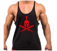 Crown Designs Cross Swords Spartan Bodybuilding Weight-training Sports Stringer Vest Top with Y Back Racerback Fit for Men & Teens - Black with Red Design/X-Large
