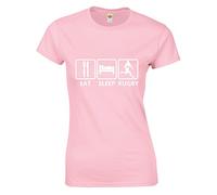 Crown Designs Eat Sleep Rugby for Women & Teenagers Fitted T-Shirts Tops - Baby Pink/XL - 12/14