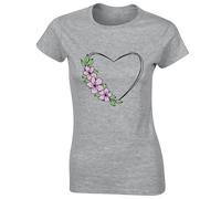 Crown Designs Flowers Love Heart Cute Fashion Summer Casual Top Holiday Premium Quality Fitted T-Shirt Top for Women and Teens - Grey / 14-16