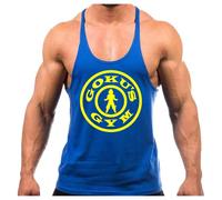 Crown Designs Gokus Gym Bodybuilding Weight-Training Sports Stringer Vest Top with Y Back Racerback Fit for Men & Teens - Royal with Yellow Design / 2X-Large