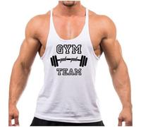 Crown Designs Gym Team Bodybuilding Weight-Training Sports Stringer Vest Top with Y Back Racerback Fit for Men & Teens - White with Black Design/X-Large