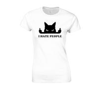 Crown Designs I Hate People Cat Funny Premium Quality Fitted T-Shirt Top for Women and Teens - White / 12-14