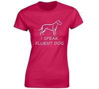 Crown Designs I Speak Fluent Dog Funny Premium Quality Fitted T-Shirt Top for Women and Teens - Pink/XL - 12/14