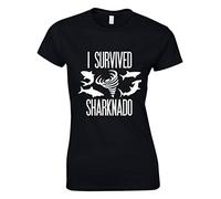 Crown Designs I Survived Sharknado Funny for Women & Teenagers Fitted T-Shirts Tops - Black/XL - 12/14