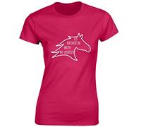 Crown Designs Id Rather Be with My Horse Cool Novelty Premium Quality Fitted T-Shirt Top for Women and Teens - Hot Pink/XL - 12/14