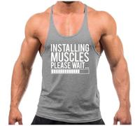 Crown Designs Installing Muscles Bodybuilding Weight-training Sports Stringer Vest Top with Y Back Racerback Fit for Men & Teens - Grey with White Design/Medium