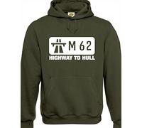 Crown Designs M62 Highway to Hull Funny Unisex Hoodies for Men, Women & Teenagers - Military Green/Large