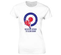 Crown Designs Mods Never Be Afraid to Slow Down Moped Ska 70'S 80'S Classic Cool Top Premium Quality Fitted T-Shirt Top for Women and Teens - White / 8-10