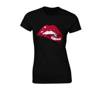 Crown Designs Red Lips Dripping Cool Premium Quality Fitted T-Shirt Top for Women and Teens - Black / 14-16