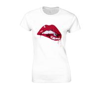 Crown Designs Red Lips Dripping Cool Premium Quality Fitted T-Shirt Top for Women and Teens - White / 10-12