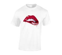 Crown Designs Red Lips Dripping Cool Premium Quality Regular Fit T-Shirt Top for Men and Teens - White/L