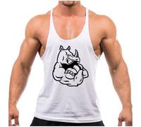 Crown Designs Rhino Muscles Bodybuilding Weight-training Sports Stringer Vest Top with Y Back Racerback Fit for Men & Teens - White with Black Design/X-Large