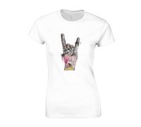 Crown Designs Rock Hand Banksy Street Artist Inspired Premium Quality Fitted T-Shirt Top for Women and Teens - White / 14-16