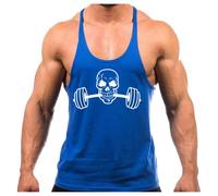 Crown Designs Skull Lifting Bodybuilding Weight-training Sports Stringer Vest Top with Y Back Racerback Fit for Men & Teens - Royal with White Design/Small
