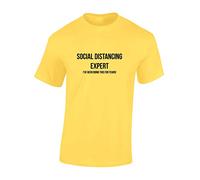 Crown Designs Social Distancing Expert Funny Premium Quality Regular Fit T-Shirt Top for Men and Teens - Yellow/XL