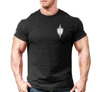 Crown Designs Sword and Shield Bodybuilding Weight-Training Sports Tapered Fit Top for Men and Teens - Gym T - Black White Design/S