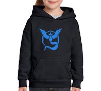 Crown Designs Team Mystic Blue Emblem Motif Pocket Monsters Inspired Gift for Young Children Hooded Tops (Black/Ages 9-11 Years)