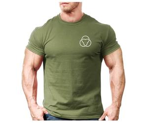 Crown Designs Thor Symbol Left Chest Bodybuilding Weight-Training Sports Tapered Fit Top for Men and Teens - Military Green White Design/L