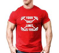 Crown Designs Your Only Limit is You Bodybuilding Weight-Training Sports Tapered Fit Top for Men and Teens - Gym T - Red White Design/XXL