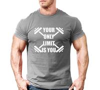 Crown Designs Your Only Limit is You Bodybuilding Weight-Training Sports Tapered Fit Top for Men and Teens - Gym T - Charcoal White Design/L