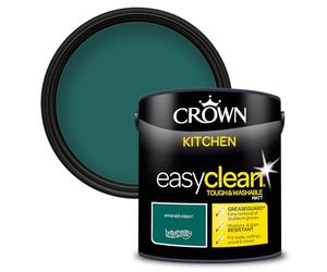 Crown Easyclean Kitchen Emerald Vision - Anti Mould Kitchen Paint Matt Emulsion - Washable, Grease & Steam Resistant - Aqua Dark Green Paint - 2.5L