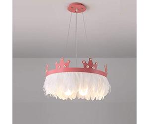 Crown Feather Chandelier Ceiling Pendant Light Fixture,Romantic Warm Dimmable Ceiling Lamp for Girls Kids Couples-Pink M 17.7"x11"