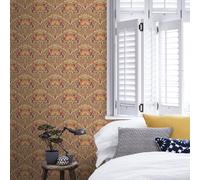 Crown Flora Nouveau Floral Russet Red / Green Spongeable Wallpaper M1194