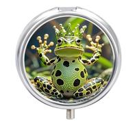Crown Frog Pill Box - 3 Compartment Travel Pill Organizer with Small Mirror, Portable Pillcase for Pocket & Purse, Cute Round Medicine Case, Weekly Medicine Container