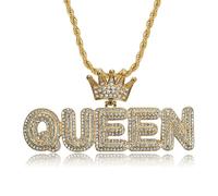 Crown Letter Stainless Steel Gold Plated Full Diamond QUEEN Queen Pendant Men's QUEEN Necklace Chain Length 24 inches