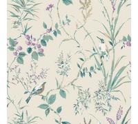 Crown Mariko Floral Treebird Teal / Plum Metallic Flat Surface Wallpaper M1554