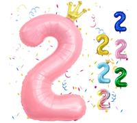 Crown Pink Number 2 Balloons - 40 Inch Large Pastel Pink Foil Balloons for 2nd Birthday & Anniversary Celebrations
