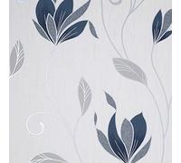 Fine Decor Synergy Floral Navy Blue Silver White Paste The Paper Wallpaper